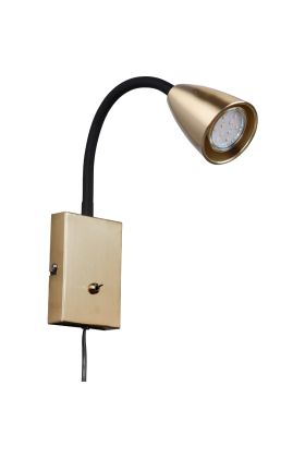 Trio Wanda 202670108 messing kleurige wandspot met zwarte flexibele arm van kunststof en klikschakelaar op de wandplaat