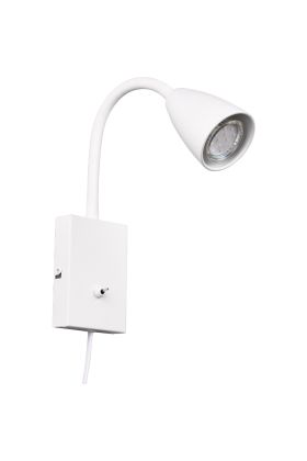 Trio Wanda 202670131 witte wandspot met flexibele arm van kunststof en klikschakelaar op de wandplaat en aansluitsnoer