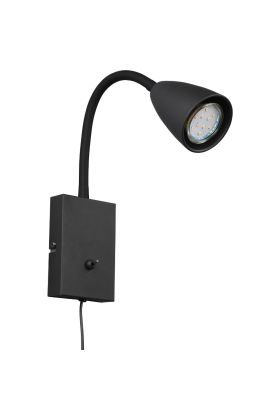 Trio Wanda 202670132 zwarte wandspot met flexibele arm van kunststof en klikschakelaar op de wandplaat en aansluitsnoer