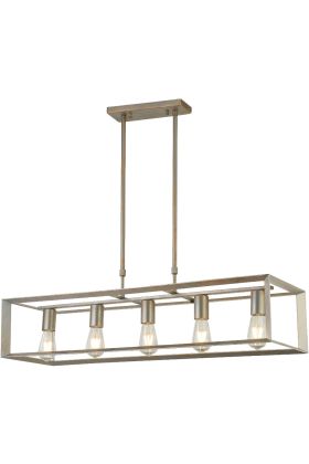 Searchlight Heaton 2415-5SI zilver grouden in hoogte verstelbare hanglamp met rechthoekig frame met vijf hangende E27 fitingen met ST64 edison lampen