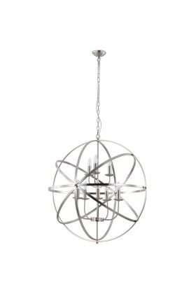 Searchlight Orbit 2478-8SS staalkleurige kroonluchter met vier een bolvormende om elkaar gedraaide ringen en acht kaarslampen in het midden