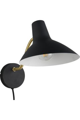 Trio Traveller 263470180 zwarte wandlamp met met grote ronde metalen kap en flexibele goudkleurige arm