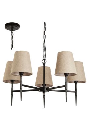 Searchlight Gothic 30690-5BK gotische kroonluchter met vijf armen van gebutst metaal met kapjes van linnen