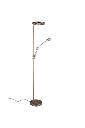 Trio Barrie 424210304 oud bronzen uplighter met leeslamp met ronde kop aan een scharnierende arm, met twee touchdimmers