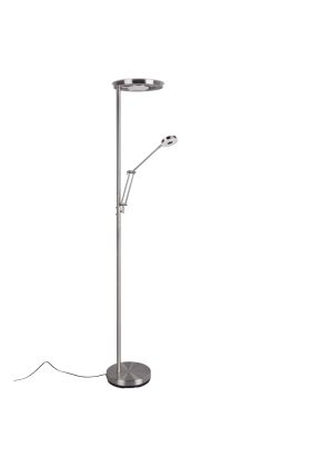 Trio Barrie 424210307 staalkleurige uplighter met leeslamp met ronde kap en scharnierende arm, met twee touchdimmers