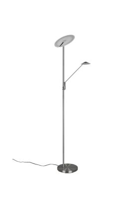Trio Brantford 425610207 staalkleurige vloerlamp met leeslamp en kantelbare uplighter, met twee dimmers aan de paal