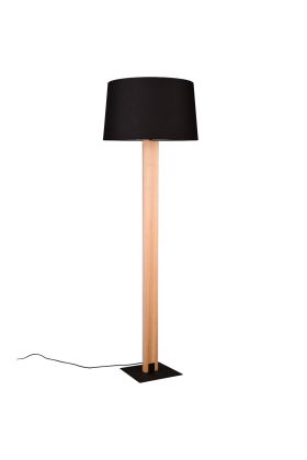 Trio Rahul 447610232 houten vloerlamp met LED strips in de zijden van de paal en ronde zwarte kap van textiel