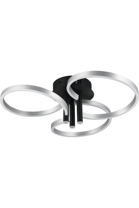 Trio Caruso 648110605 zwarte plafondlamp met drie spotjes naar beneden en drie aluminium kleurige LED cirkels