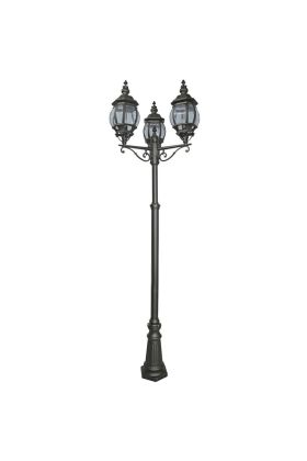 Searchlight Bel Aire zwarte klassieke lantaarnpaal met drie staande lantaarns met acht halfrond geslepen glazen ruitjes