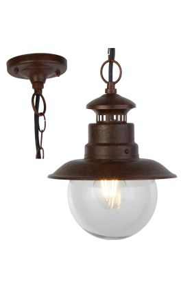 Searchlight Station roestbruine buitenhanglamp aan een ketting met halfronde helder glazen kap