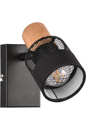 Trio Nandini 811700132 wandspot met vierkante zwarte wandplaat en houten spotje met cilindervormig kapje van zwart metaalgaas en een rand van zwart textiel