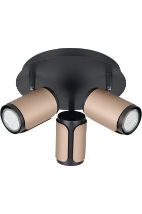 Trio Gillan 814530365 spot met zwarte ronde plafondplaat en drie zwart met koffiebruine spotjes met GU10 lampje