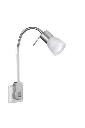 Trio Levisto 891010107 staalkleurig lampje in een stopcontact geplaatst met schakelaar, flexibele hals en albast glazen kapje