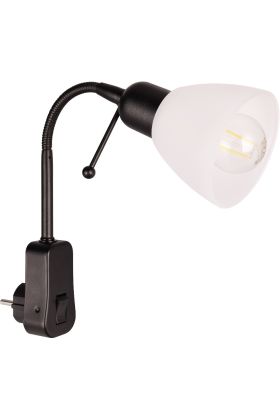Trio Ligara 8911211-32 zwart stekkerlampje voor het stopcontact met schakelaar, flexibele hals en wit glazen kapje