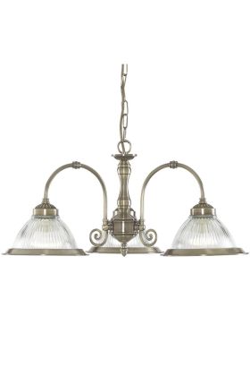 Searchlight American Diner klassiek bronskleurige kroonluchter van 62cm in diameter met drie armen met elk een helder geribbeld glazen kap