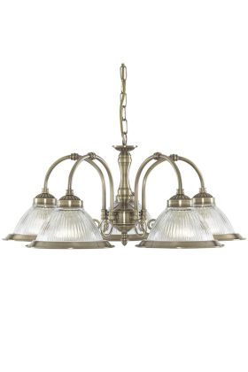 Searchlight American Diner klassiek bronskleurige kroonluchter van 62cm in diameter met vijf armen met elk een helder geribbeld glazen kap