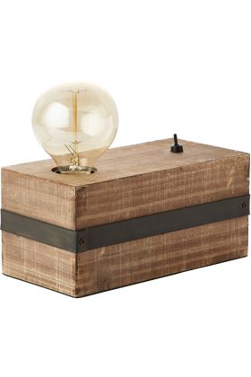 Brilliant Woodhill 93722/76 rechthoekige blok hout met zwart metalen band met goudkleurige globelamp en zwarte kiepschakelaar