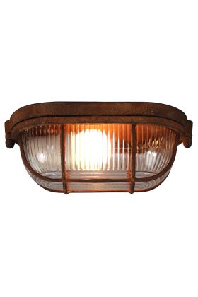 Brilliant Bobbi 94458/60 industriele roestige plafondlamp met dik ribbelglas en beschermende beugels rond het glas, brandend