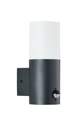 Brilliant Aberdeen 96417/63 antraciet grijze wandlamp voor buiten met bewegingsmelder en staande wit kunststof cilindervormige kap