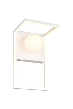 Trio Arola witte wandlamp met metalen frame met LED rand en een wit glazen bol aan een metalen wandplaat met schakelaar en DIP schakelaar