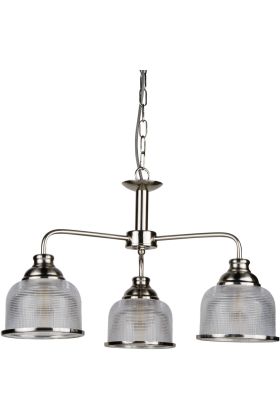 Searchlight Bistro 1683-3SS staalkleurige kroonluchter aan een ketting met drie armen met elk een hangend kapje van holofaan glas