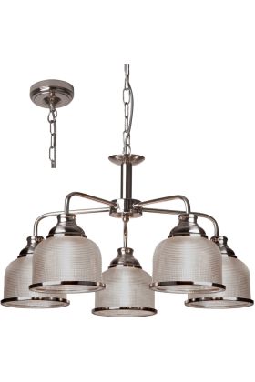 Searchlight Bistro 1685-5SS staalkleurige kroonluchter aan een ketting met vijf armen met elk een hangend kapje van holofaan glas