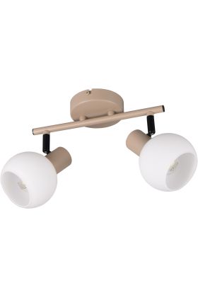 Reality Boba warm beige plafondspot van 25 cm lang met twee spotjes met rond wit glazen kapje