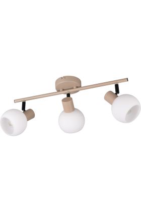Reality Boba warm beige plafondspot van 45 cm lang met drie spotjes met rond wit glazen kapje