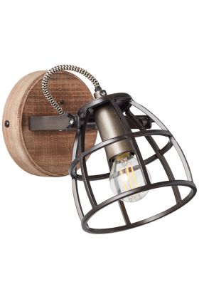 Brilliant Matrix wandspot met houten wandplaat en roostervormig kapje van zwart staal