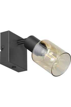 Reality Cadiz zwarte spot van 15 cm hoog met amber glazen kapje en kogellampje