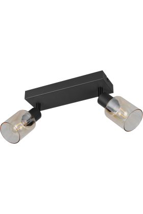 Reality Cadiz zwarte plafondspot van 27,5 cm lang met twee spotjes met amber glazen kapjes