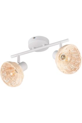 Casalum Calvi wite plafondspot van 40cm lang met twee kapjes met een diameter van 13cm van rotan
