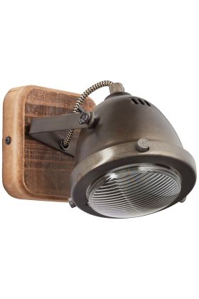 Brilliant Carmen 72010/84 Industriele spot op een houten wandplaat en klassieke koplamp lijkende spot