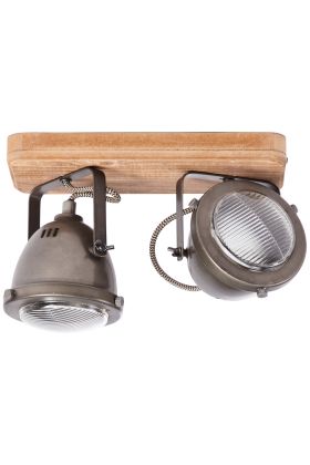 Brilliant Carmen 72029/84 industriele dubbele spot met houten plafondplaat en klassieke koplamp lijkende spots