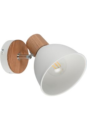 Casalum Delume witte spot van metaal met een diameter van 15 cm met houten fittinghouder en hout op het wandplaatje 