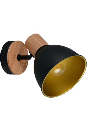 Casalum Delume zwarte spot met goudkleurige binnezijde van metaal met een diameter van 15 cm met houten fittinghouder en hout op het wandplaatje 