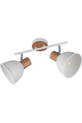 Casalum Delume witte plafondspot van metaal met een lengte van 49 cm, hout op het plafondplaatje en witte stang met twee witte spotjes van metaal met houten fittinghouder