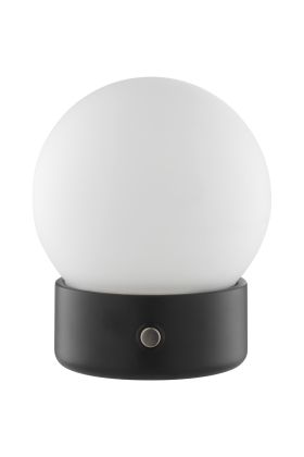 Brilliant Dori zwarte oplaadbare tafellamp van 12,8 cm hoog en 10,5 cm in diameter met bolvormige wit glazen kap