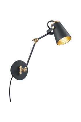 Trio Edward 208870132 zwart met goudkleurige wandspot met scharnierende arm en snoer met stekker
