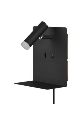 Trio Element 222570232 zwart bedlampje met spotje, aansluitsnoer en plankje voor bijvoorbeeld een telefoon