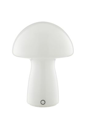 Brilliant Erik wit glazen oplaadbare tafellamp in paddenstoelvorm van 22,2 cm hoog en 16 cm in diameter
