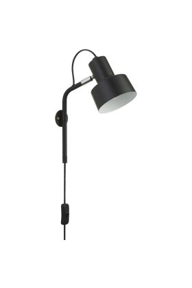 Searchlight Conical EU60228BK zwarte wandlamp met zwart metalen spot en snoer met stekker