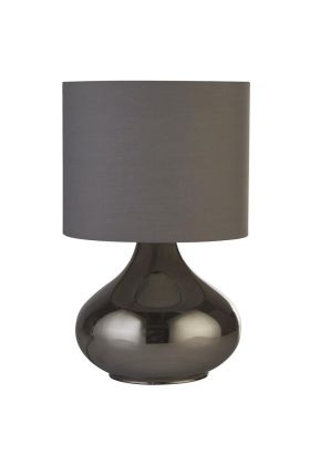 Searchlight Oslo EU60984SM 34cm hoge tafellamp met rookglazen voet en grijze kap van textiel