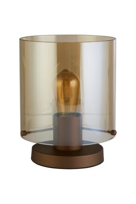 Searchlight Zweden tafellamp van 26cm hoog met mokkabruine lampvoet en cilindervormig amberkleurig glazen kap