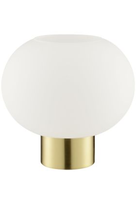 Brilliant Fanny mat messing tafellamp van 21 cm hoog met wit ovaal glazen kap met een diameter van 22 cm