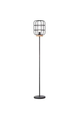 Brilliant Gwen 93073/66 industriele zwarte vloerlamp met metalen rooster als kap en houten schijf onder de fitting