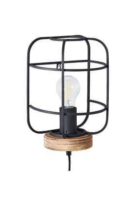 Brilliant Gwen 99235/66 industriele wandlamp met houten onderkant en kap van zwart metalen rooster, met aansluitsnoer