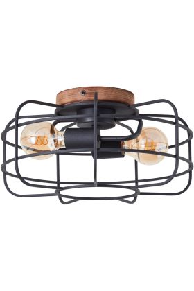 Brilliant Gwen 99707/66 industriele plafondlamp met houten plafondplaat en metalen rooster van 7 spijlen en twee goudkleurige peertjes