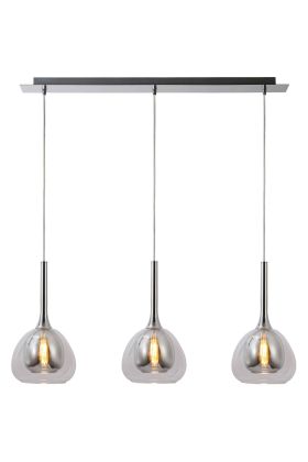 Brilliant Hadan 85573/20 chromen hanglamp met drie kappen met elk een dubbel glas, rookglas en transparant
