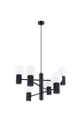 Sollux Halo SL.1830 zwarte kroonluchter met zes geribbelde fittinghouders en wit glazen lampenkappen